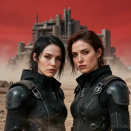 cinestill 5 0 d photographic portrait of two loving female androids wearing rugged black techwear on a desolate plain with a red topographic sky in front of a brutalist structure, extreme closeup, cyberpunk style, dust storm, 8 k, hd, high resolution, 3 5 mm, f / 3 2, ultra realistic faces, ex machina
