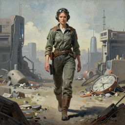 brutalist painting of a female landmate pilot walking across a cyberpunk wasteland, symmetrical face details, Arcane style,  Very highly detailed, 8K, octane, Digital painting, rule of thirds, sharp focus, centered, Zdzisław Beksiński