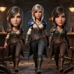 3 d character portrait of a female lavellan from dragon age walking through a destroyed dive bar wearing inquisitor clothes, with a realistically proportioned face, realistically rendered face, enhanced face, 3 d model, 3 d headsculpt, headsculpt, illustration, digital painting, realistic lighting, photorealistic eyes, good value control, realistic shading, substance painter