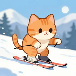 an anthropomorphic orange tabby cat skiing