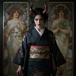 a photorealistic dramatic fantasy render of a beautiful woman wearing a clasical japanese kimono, with demon horns, by wlop, artgerm, greg rutkowski, alphonse mucha, beautiful dynamic dramatic dark moody lighting, shadows, cinematic atmosphere, artstation, concept design art, octane render, 4 k