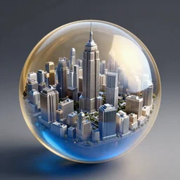 a sphere containing a sphere which contains a city, the first sphere is translucent gold and the second sphere is translucent blue and the city is metallic silver, digital, 3D, detailed, photo realistic