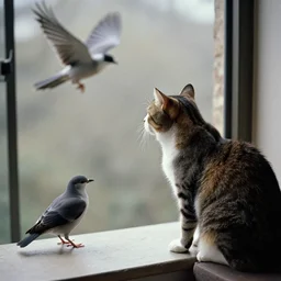 a cat watching a bird, photograph by henri cartier bresson