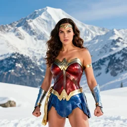 a photo of Gal Gadot as wonder woman in a beautiful mountain full of snow,4k
