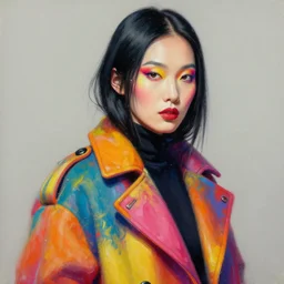 very detailed painting of an asian woman with colorful coat, black hair, colorful make up, featured in artstation, concept art by Greg Rutkowski, WLOP, Dan Mumford, Christophe Vacher