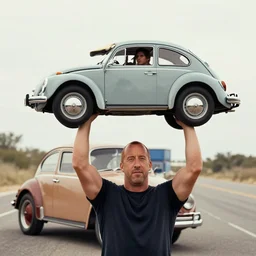 vin diesel holds a volkswagon beetle over his head in his two hands, photo