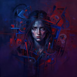 the anxious. digital painting, vertical, intricate, beautiful, detailed, grunge, sharp focus, abstract art by kuvshino and el lissitzky and artgerm and kandinsky, trending on artstation. blue, dark red and dark purple color scheme, gradient darker to bottom