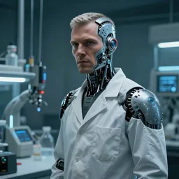 a laboratory operator man with cybernetic enhancements, scifi character portrait by greg rutkowski, craig mullins, cinematic lighting, dystopian scifi gear