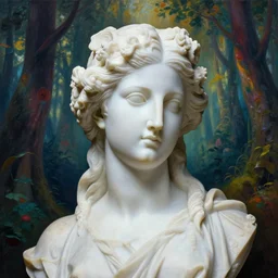 a portrait of idealistic marble statue with fractal flowery hair and white fair porcelain face, in a magical forest, matte painting, painted by, mc escher, gordon onslow ford, georgia o'keeffe and ivan aivazovsky, cinematic light, god rays, colourful, unreal engine, zbrush central,
