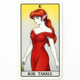 a tarot card of alluring elf in a red cocktail dress, red hair, white skin, ponytail, character portrait by naoko takeuchi, art nouveau, tarot card, rococo, sharp focus, smooth, crisp lines, detailed, elegant, simple colors, official art
