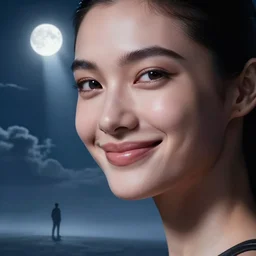 3 d, sci - fi, close - up, night, smiling fashion model face, moon rays, cinematic, clouds, vogue cover style, man on the horizon, blue mood, realistic painting, intricate oil painting, high detail illustration, figurative art, multiple exposure, poster art, 3 d, by tooth wu and wlop and beeple