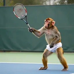 a monkey playing tennis against his ginger girlfriend