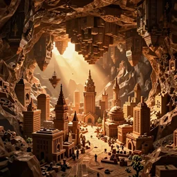 inception lovecraft city carved from rock underground another inverted upside down above, voxel unreal engine render 8 k, cinematic warm volumetric lighting