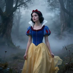 a portrait of snow white fairytale beautiful enchanted landscape, hyper realism, concept art, high detail, dramatic lighting, ominous, misty, beautiful, by wadim kashin, cinematic, 8 k