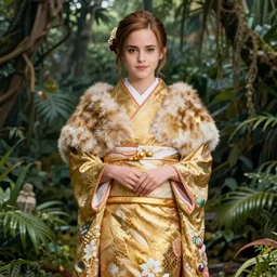 asian emma watson wearing golden furisode, full shot, jungle background, intricate, highly detailed, concept art, sharp focus, illustration, ruan jia, jurgens, aleksi briclot, mucha