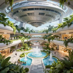 futuristic shopping mall plaza inside a massive space station with overgrown lush gardens, fountains and water features. ilm, beeple, star citizen halo, mass effect, 2001 space odyssey, elysium, warm saturated colours, atmospheric perspective, dramatic sunset, volumetric light scattering, dustlight, god rays, dust