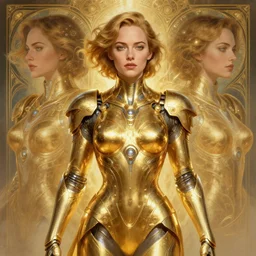 symmetry!! portrait of emma stone, gold sci - fi armour, tech wear, glowing lights!! sci - fi, intricate, elegant, highly detailed, digital painting, artstation, concept art, smooth, sharp focus, illustration, art by artgerm and greg rutkowski and alphonse mucha