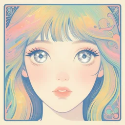 a girl with huge shiny silver eyes, colored woodcut, poster art, by Mackintosh, art noveau, by Ernst Haeckel, bright pastel colors, 8k, octane render