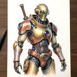 well-detailed colour pencil drawing of a steampunk cyborg, hyper-realistic with gradients and vibrant colors