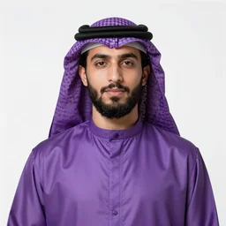 Arabic male young adult with long beard and purple glimmering robes, hyperrealistic white lighting, treanding on artstationhq