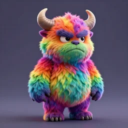 full body 3 d model of a very cute vibrant rainbow colored grumpy furry monster with fuzzy horns, a 3 d render by wendy froud, designed by jim henson, dark rainbow colored fur, zbrush central contest winner, furry art, rendered in maya, vibrant, colorful, rendered in cinema 4 d, behance hd, daz 3 d, cgsociety, matte background