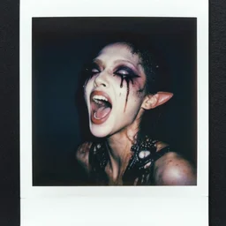 grainy color polaroid of a beautiful feminine alien with thick black sludge seeping from her eyes, screaming while being consumed by darkness, iridescent eyes, dreamlike, intricate detail, sigma 85mm f/1.4, 4k, hd