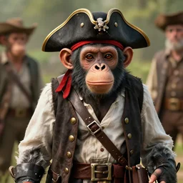 chimp wearing pirate costume, 8 k uhd, candid photography, accurate, highly detailed, unreal engine 5, by anne stokes and greg rutkowski