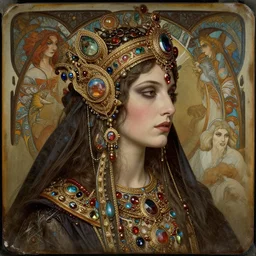 daguerreotype hyperrealistic detailed face side portrait of the beautiful cthulhu priestess adorned with curse jewels and ceremonial robes, art by ernst haeckel, john william godward, android jones, alphonso mucha, h. r. giger, gothic - cyberpunk, ornamental, beautiful deep colours,
