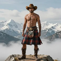 a homoerotic portrait by greg rutkowski and albert bierstadt and bill ward of a shirtless brown desi cowboy on a mountain peak | he is wearing a revealing tartan kilt, cowboy hat, and leather boots | background is snowy mountains and clouds | detailed face, ethereal, dreamlike | trending on artstation