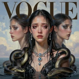 3 d, crying fashion model, jewelry, liquid black water, snakes, morning, vogue cover style, poster art, high detail, intricate oil painting, multiple exposure, heaven mood, hyperrealism, 3 d, by tooth wu and wlop and beeple and greg rutkowski