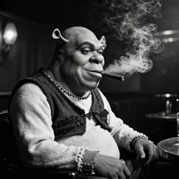 shrek smoking a cigar in a dimly lit jazz club. black and white, ultra realistic photo kodak, mood lighting rule of thirds, dramatic lighting