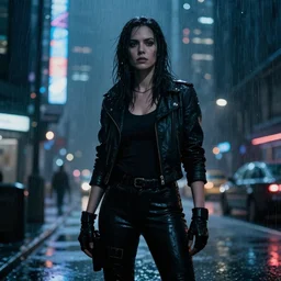 jennifer connely starring in a cyberpunk movie in a distopic futuristic city in the style of bladerunner, movie still, highly detailed, rainy night, volumetric lights, dramatic, scifi