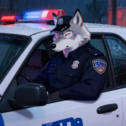 a anthropomorphic wolf police officer with white fur in a black police uniform sitting in his patrol car at night looking bored while it rains with red and blue neon light reflecting off of his face. Renowned character illustration by greg rutkowski, thomas kindkade, alphonse mucha, loish, norman rockwell. Trending on furaffinity.