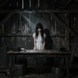 style : disco elysium. composition : medium shot. style : digital art ; detailed ; menacing ; 4 k. scenery : the inside of a dark barn ; a faint ray of light is shining through a crack in the planks. subject : a young woman hiding behind a workbench ; dark hair ; wearing a white dress.