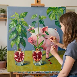 a female art student in her apartment, plants in glasses, pig, pomegranate, berries dripping, acrylic on canvas, surrealist, by magritte and monet