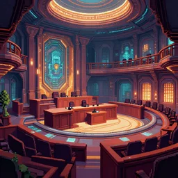 futuristic cyberpunk court of law, interior architecture view, beautiful detailed pixelart by albertov, intricate details, beautiful, dithered gradients, volumetric lighting, cgsociety, artstation, smooth, sharp focus, 2 d illustration, by greg rutkowski, amazing art by dan mumford