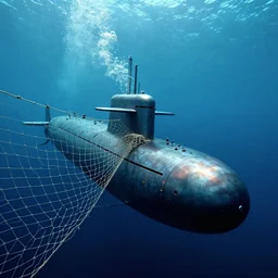 undersea matte photo of a submarine colliding with a submarine net fantasy concept art