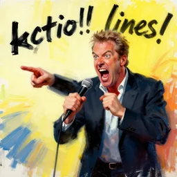 'kramer!! michael richards holding microphone screaming, pointing, enraged, painting by phil hale, 'action lines'!!!, graphic style, visible brushstrokes, motion blur, blurry