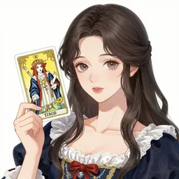 a drawing of a woman holding a card, a character portrait by yuumei, featured on pixiv, rococo, tarot card, freakshow, rococo
