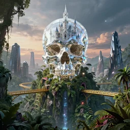 futuristic crystal skull shaped castle on top of a high mountain by frank gehry and jørn utzon, jungle cityscape with golden bridges by anish kapoor, creepy overgrown vegetation, castlevania, black iridiscent crytal buildings by santiago calatrava and zaha hadid, glowing reflections, at dusk, octane render redshift unreal engine, composition by mike mignola, rule of thirds, movie poster, front view, central perspective, artstation behance cgsociety weta workshop ilm framestore,