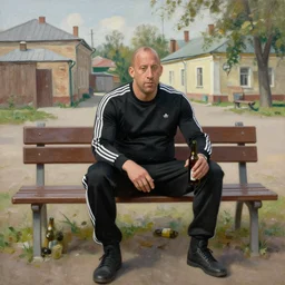 vin diesel in black adidas sport costume, as gopnik character, sitting on a bench with a beer bottle, in the courtyard of a provincial russian town, oil on canvas, naturalism