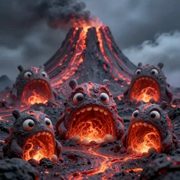 of a dark and smokey mountain with large strange cute friendly volcanic creatures made of lava with big eyes, mouth and round teeth appearing from the ground, in the style of Gaudi, macro lens, shallow depth of field, highly detailed, digital painting, trending artstation, concept art, illustration, cinematic lighting, vibrant colors, photorealism, epic, octane render