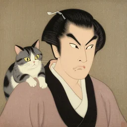 angry japanese man with cat perched on his shoulder, vintage, painting by utamaro