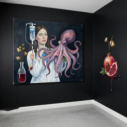 empty room with black walls, a portrait of a female pathologist holding an octopus, intravenous drip, wilted flowers, pomegranate, berry juice dripping, neo - expressionism, surrealism, acrylic and spray paint and oilstick on canvas