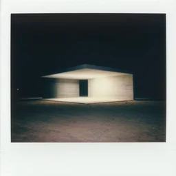 concrete structure in a desert at night, neon light, minimalistic architecture, dark, surreal, open space, james turrel, old polaroid, expired film,