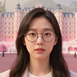 cinematic mid shot of a high detail, korean woman's face looking off camera, with round glasses. fine facial features. she stands in an empty, pastel, colourful 3 d, korean street scene by jeffrey smart and gregory crewdson and edward hopper, inspired by the grand budapest hotel