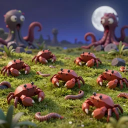 large group of crabs and worms, crawling along a bed of moss, low poly, creeper world, handcrafted, artstation, hyperrealistic, hard light, best practices, creeptastic, photorealism, macro perspective, cuddly, Voidless of the Festival!, The Graveyard!!, Blood moon tentacles, outsider art!!!
