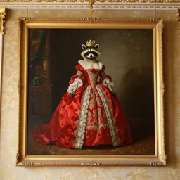 a majestic oil painting of a raccoon queen wearing red french royal gown. the painting is hanging on an ornate wall decorated with wallpaper.