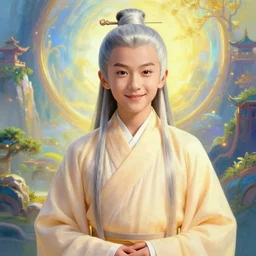 portrait painting of a 6 0 year old kind handsome chinese taoist priest, like liangchao wei, silver ponytail hair, amiable by wenjun lin, irakli nadar, bright colors, octopath traveler, wenjun lin, unreal engine 5 highly rendered, global illumination, radiant light, detailed and intricate environment
