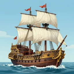 detailed golden age illustration of a pirate ship on the ocean